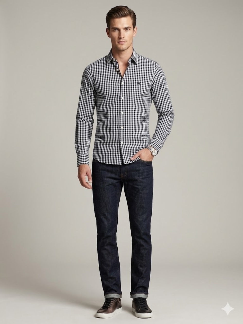 Burberry Brit Navy & White Gingham Check Button-Down Shirt | Size Medium